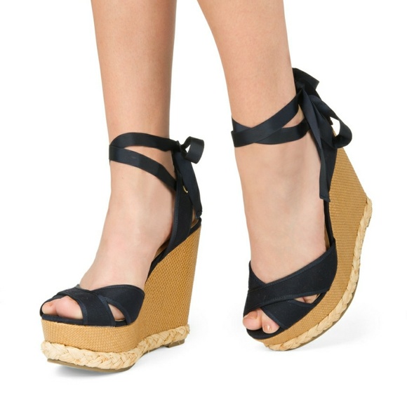 *SOLD* JustFab Navy Crisscross Ankle Tie Wedges - Picture 6 of 6