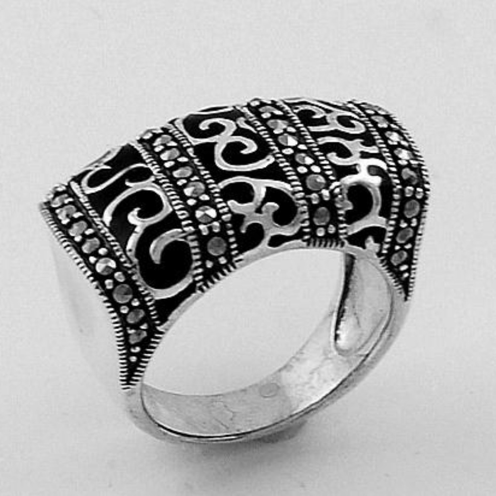Art Deco Sterling Silver & Marcasite w/ Black Enam