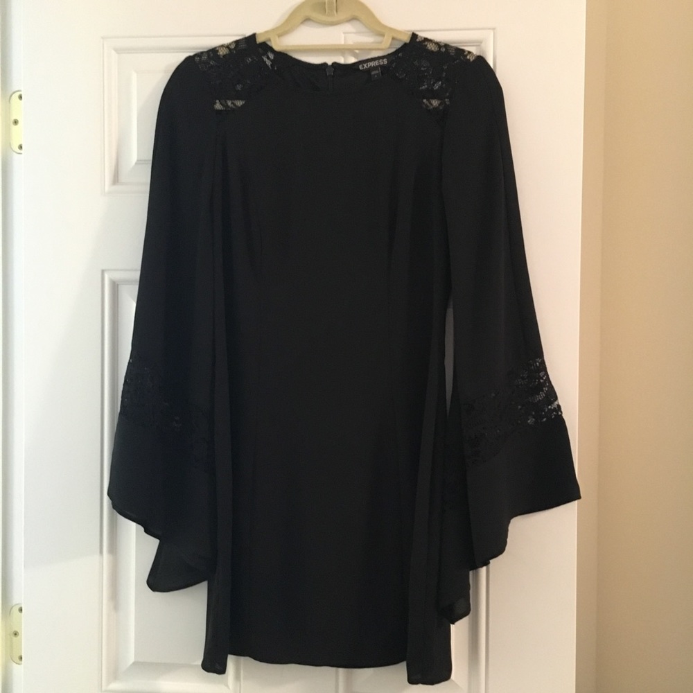 Black Bell Long Sleeve Dress with Insert Lace