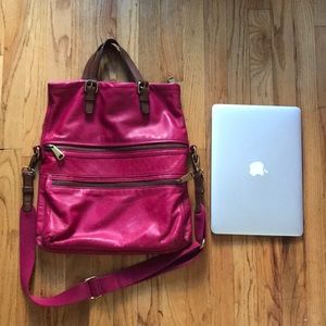 Pink leather crossover Fossil purse fits laptop