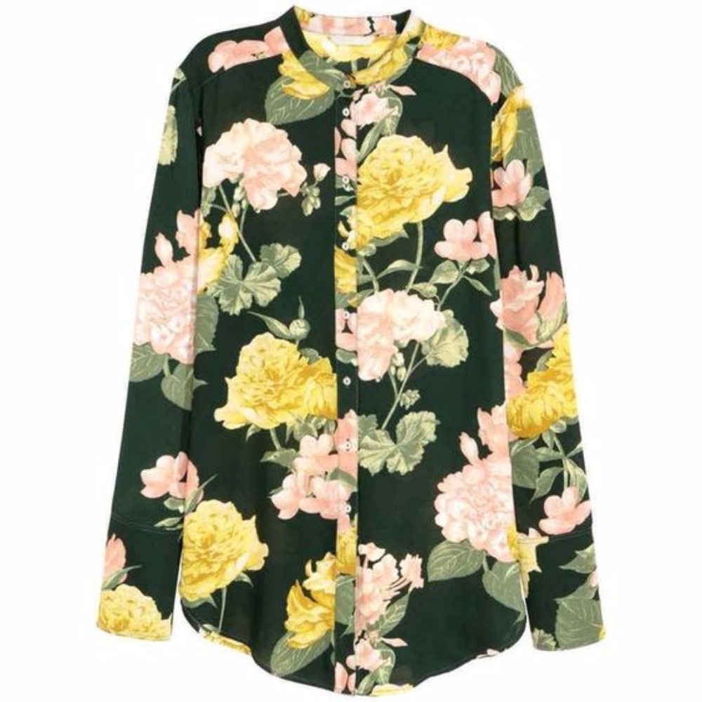 H&M Dark Green/Floral Long-Sleeved Blouse