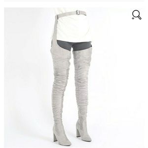 Grey belted thigh high boots