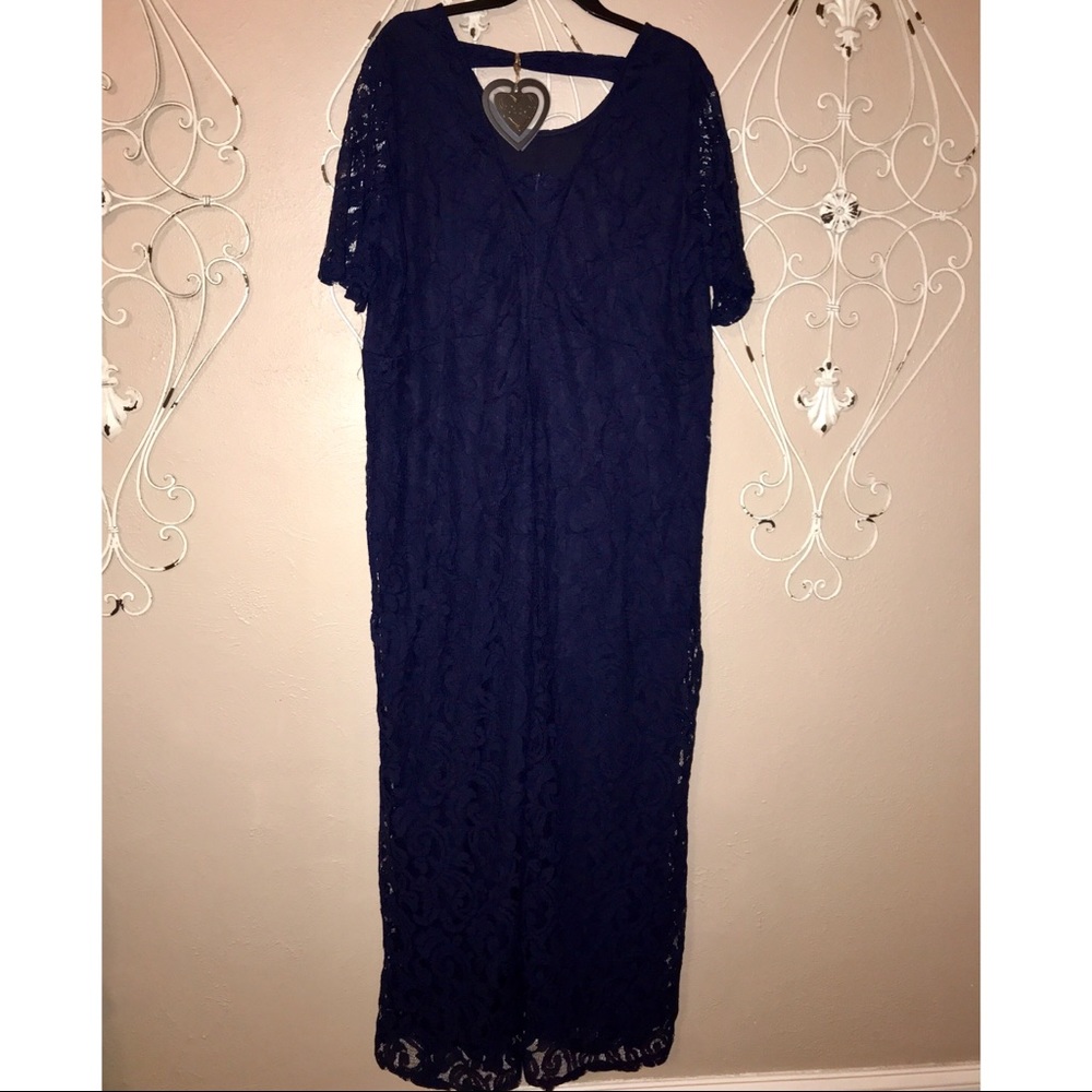 Floor length, navy blue, lace, short sleeved dress