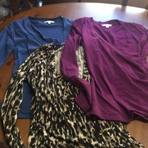 Three CAbi long sleeve faux wrap tops. All small
