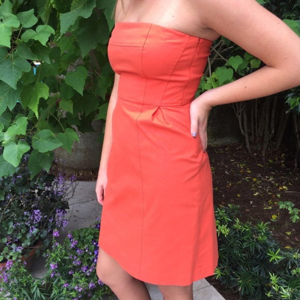 Theory strapless orange denim knee length dress