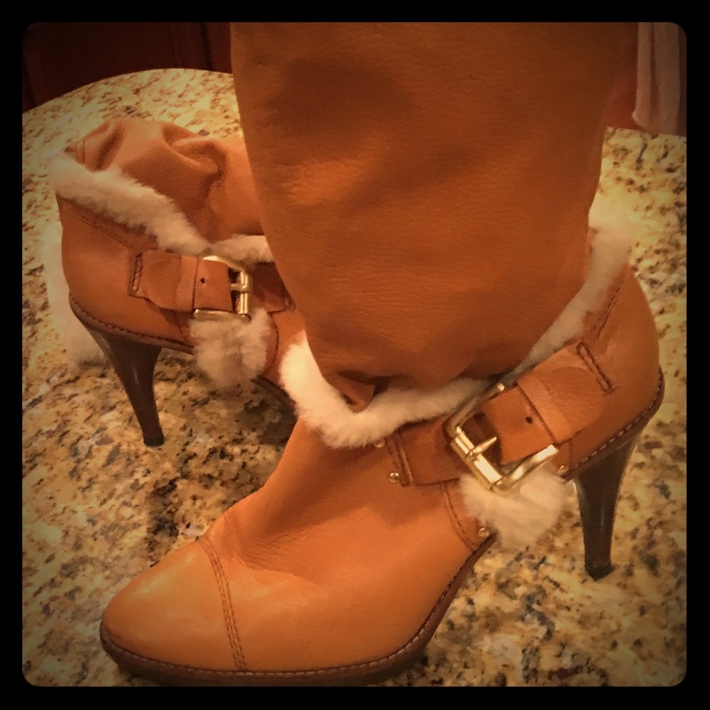 Michael Kors Leather Knee Boots faux fur trim