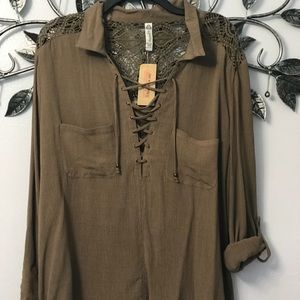 Navy green, criss cross lace, collared blouse.