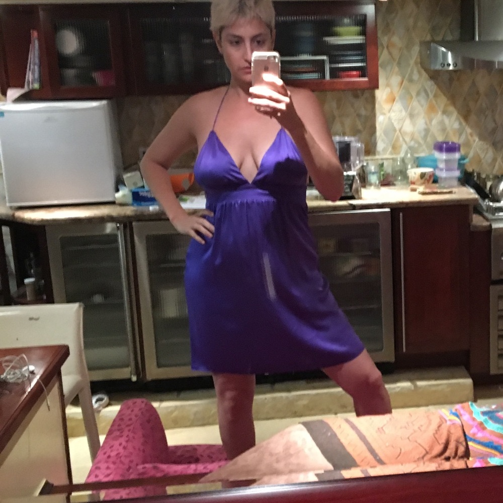 Shiny purple silk strappy dress