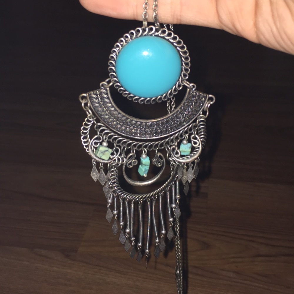silver and turquoise dangly necklace