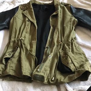 Army green jacket with faux leather sleeves