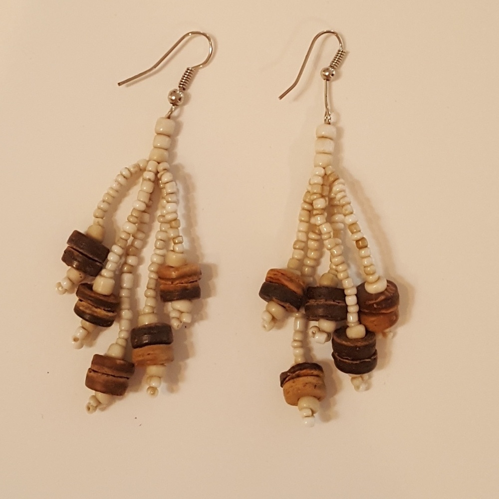 Dangle Earrings, Cream, Brown, tan, Boho