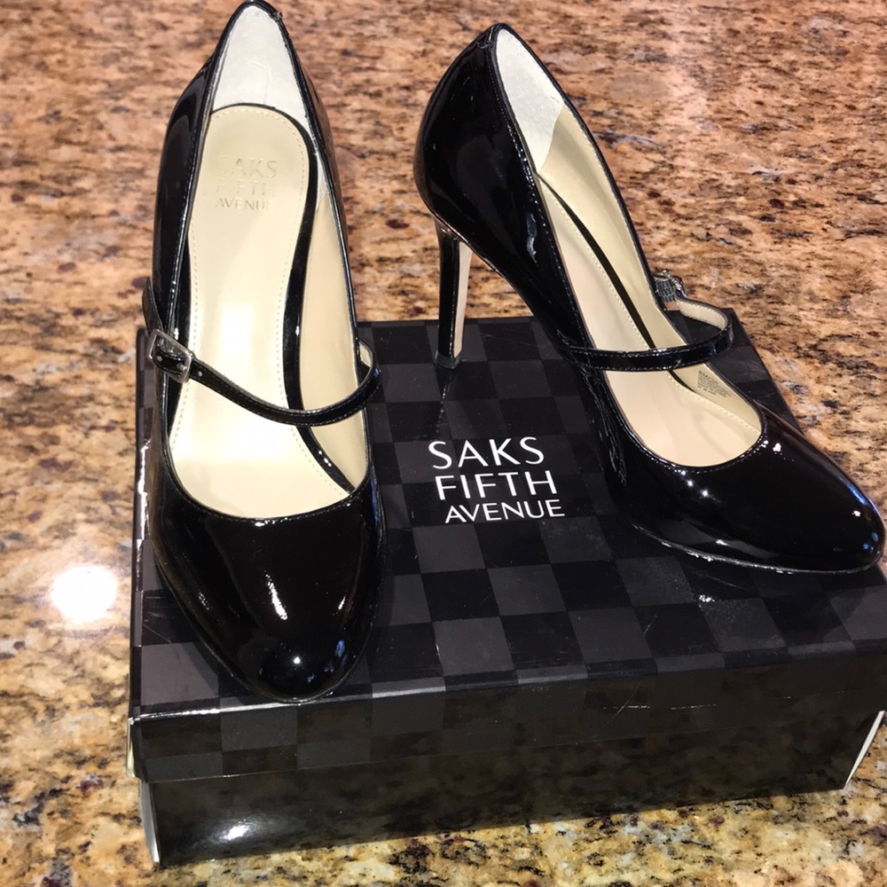 Sak Fifth Ave Black patent leather Mary Jane heels