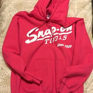 red snap on hoodie