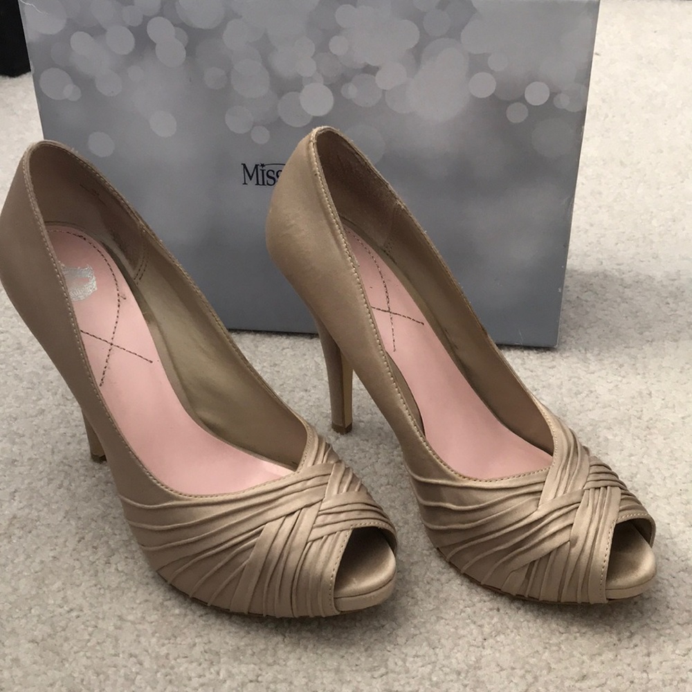 Tan, peep toe high heels