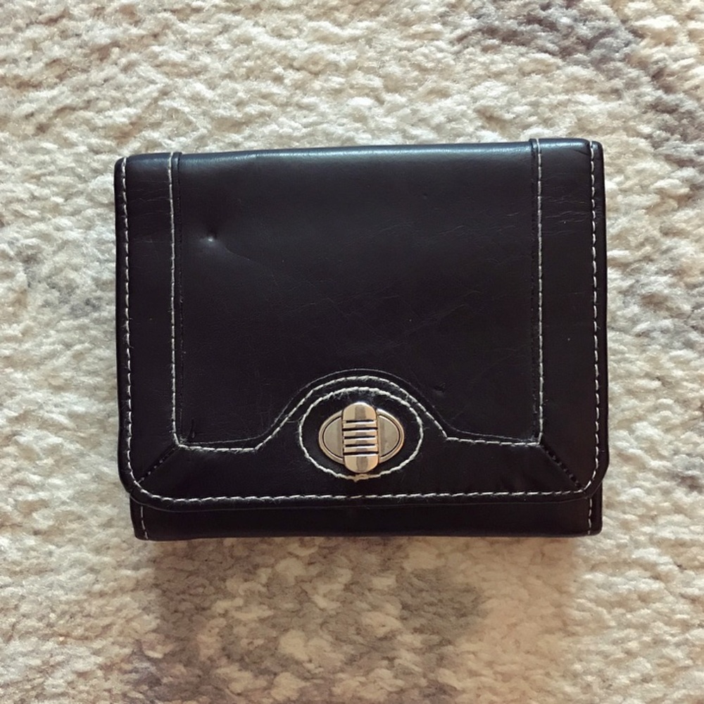 Compact black leather & silver trifold wallet
