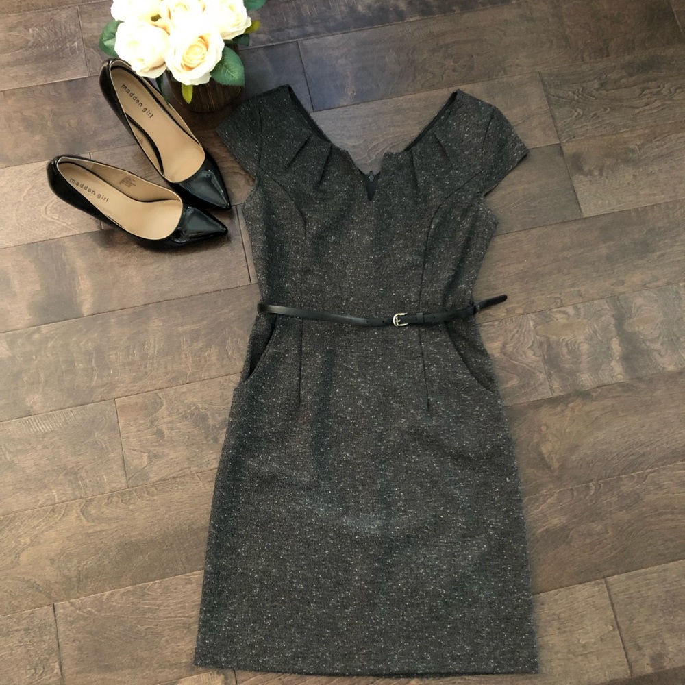 Dark gray dress with side pockets & belted waist