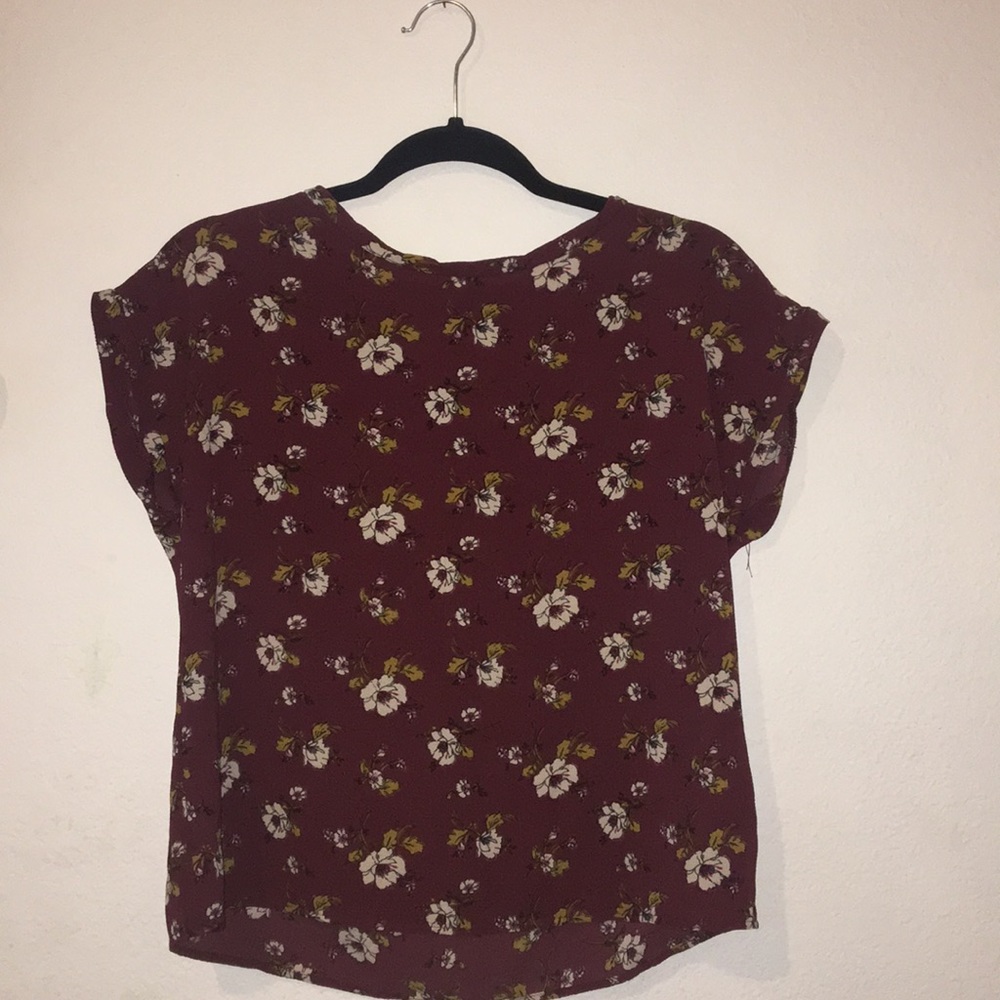 Dark maroon, flower printed blouse.
