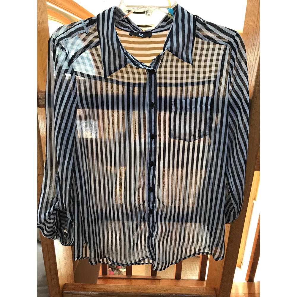 Black and white stripped sheer blouse.
