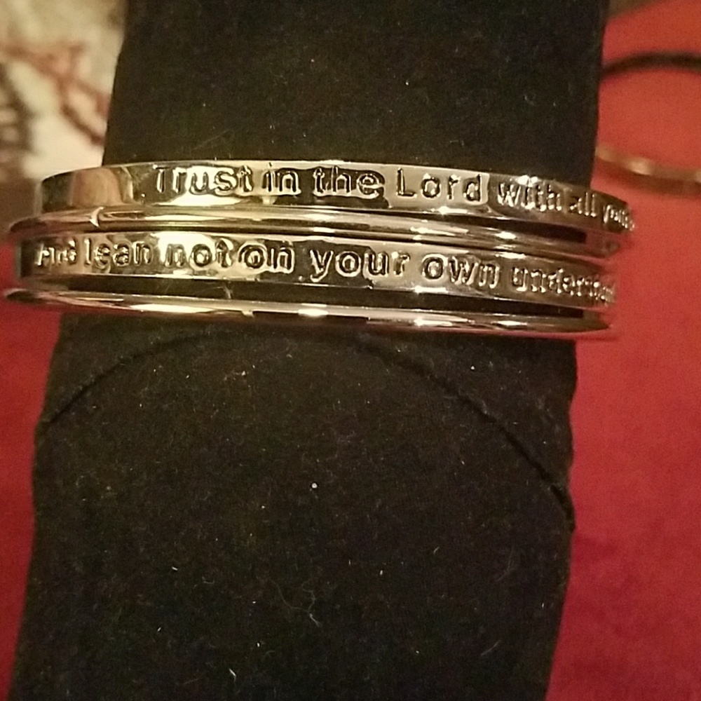4 silver bangle bracelets with scripture verse