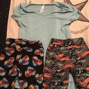 LuLaRoe XXS top and Tween Autism/feather leggings