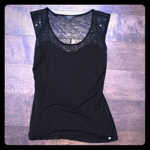 Guess mesh black top with sequin shoulder pads