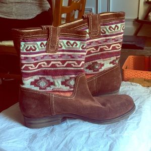 Brown suede ankle boots w/ woven ankle boots