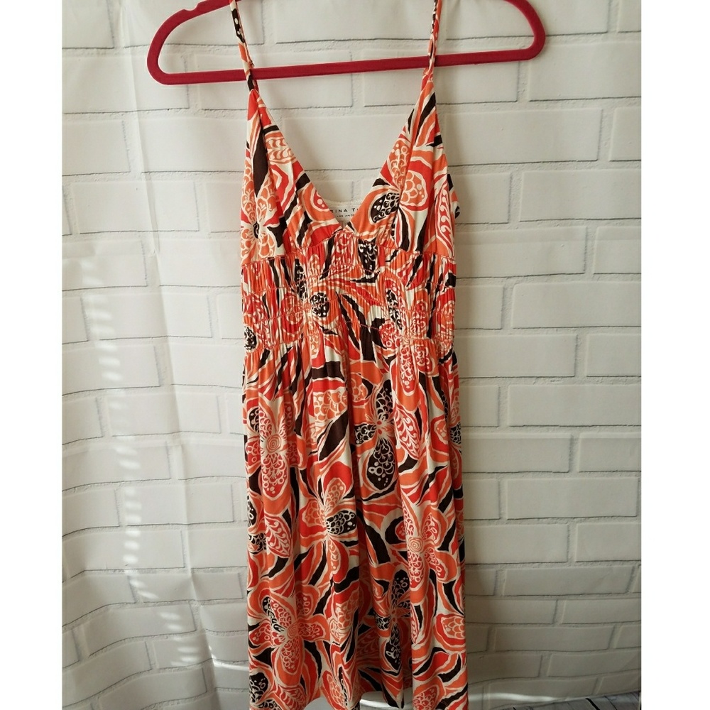 Trina Turk coral brown floral spaghetti strap L