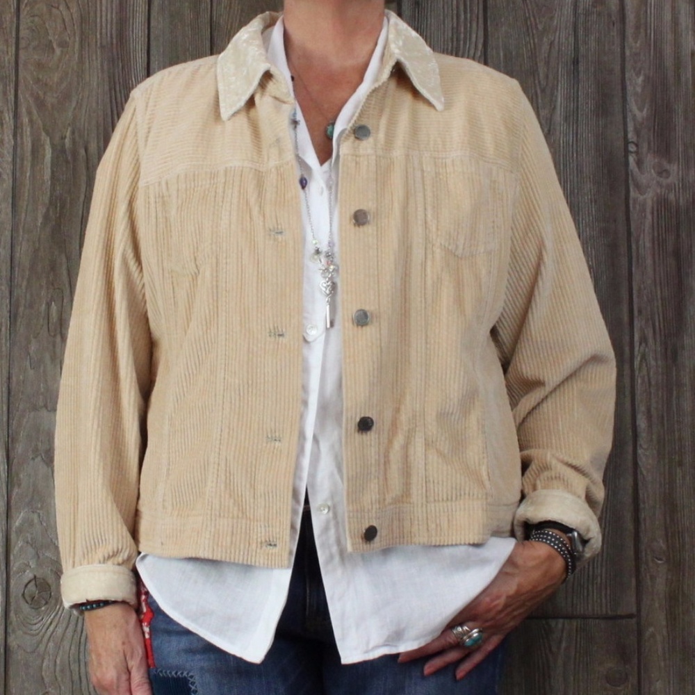 J Jill Tan Wale Corduroy Jacket L sz Velvet Trim