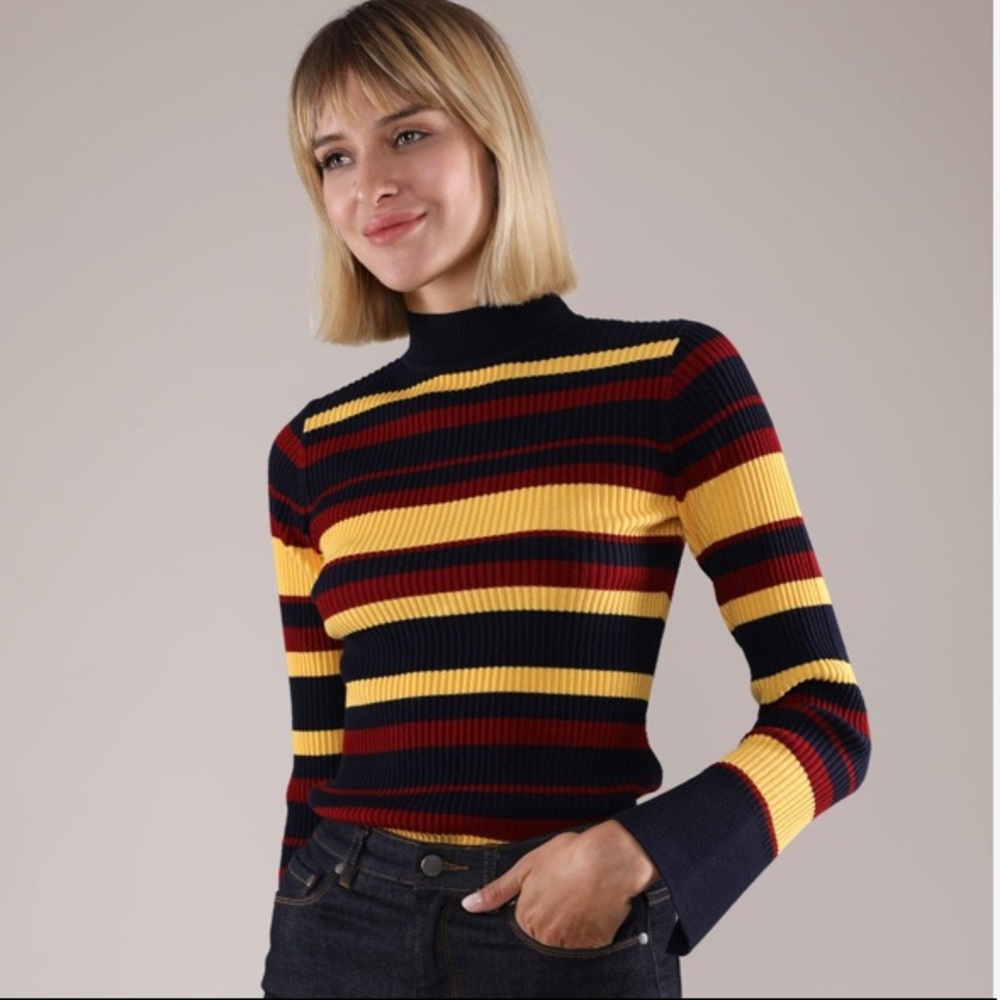 Merino stripe mock neck sweater