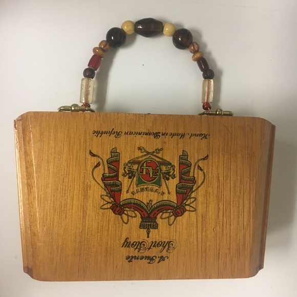 Cigar Box Purse Handbags - Cigar Box Purse, Beaded Handle w/Angled Wood Box