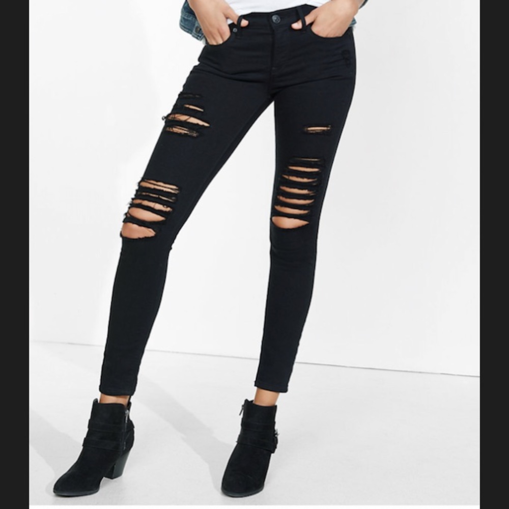 Express Black Distressed Cropped Jean Leggings- 0