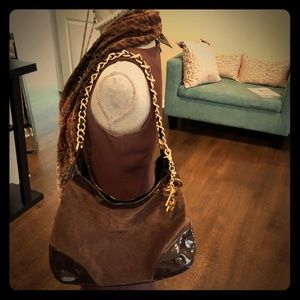 Bebe Brown suede and patent leather shoulder bag