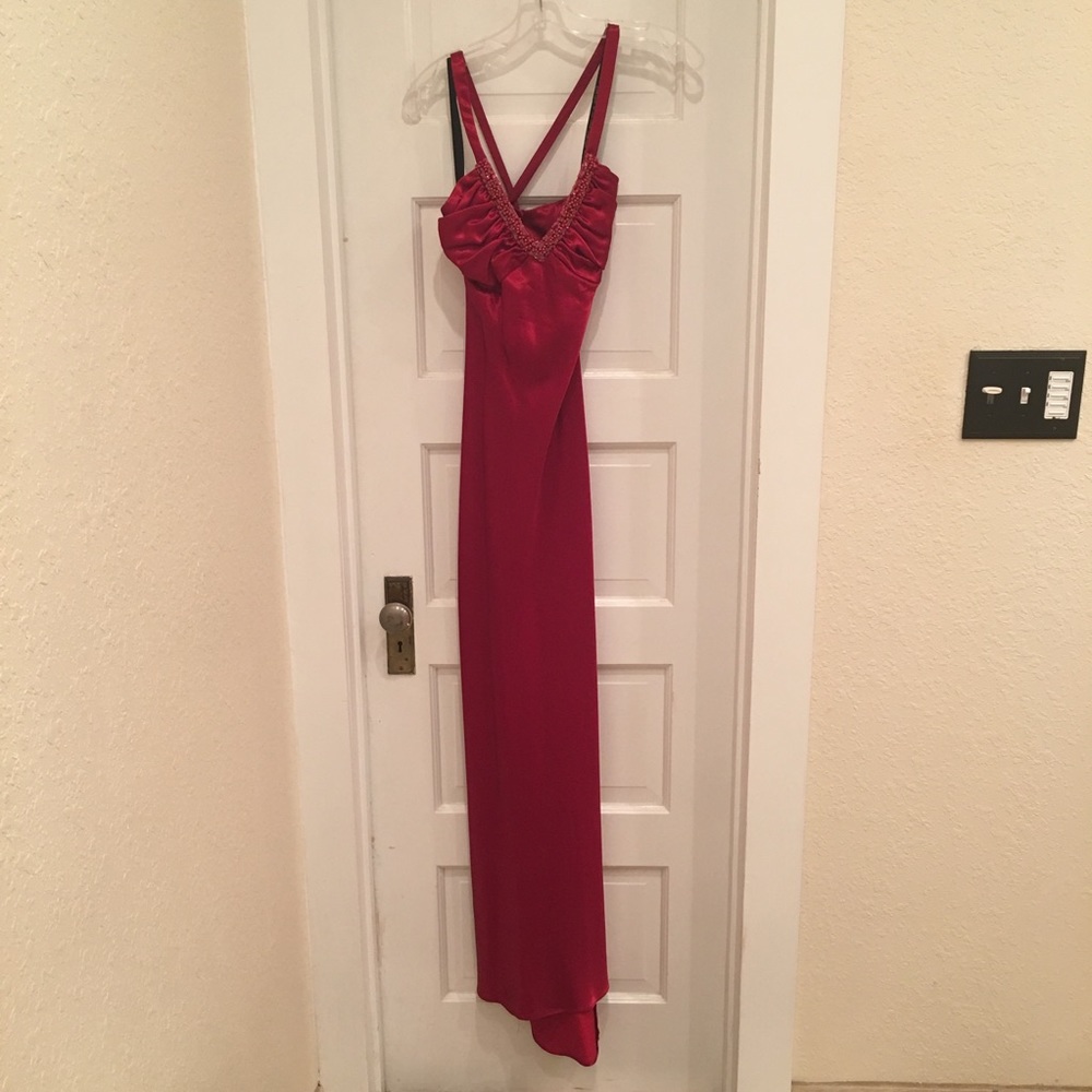 Red formal gown with beaded V neck, size 3