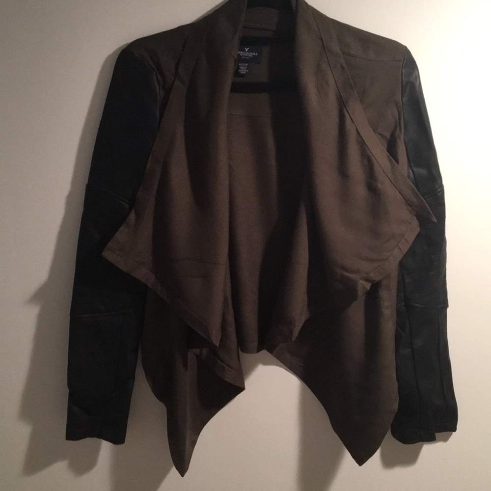 American Eagle Olive Jacket with Leather Sleeves