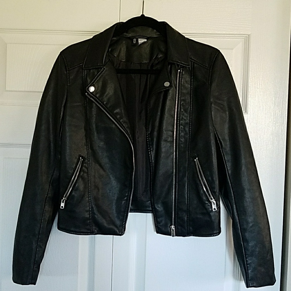 black faux leather H&M divided moto jacket