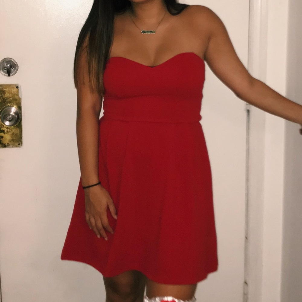 strapless, red dress