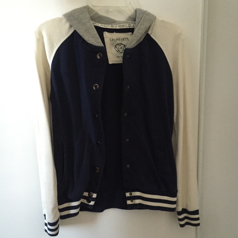 Blue and white letterman style jacket