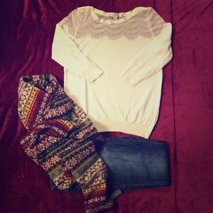 Elegant Lace/Scallop Neck, 3/4 Sweater, Cream