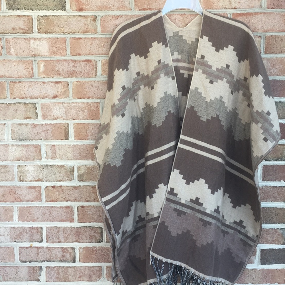 Tan and brown Aztec print poncho wrap shawl OSFM