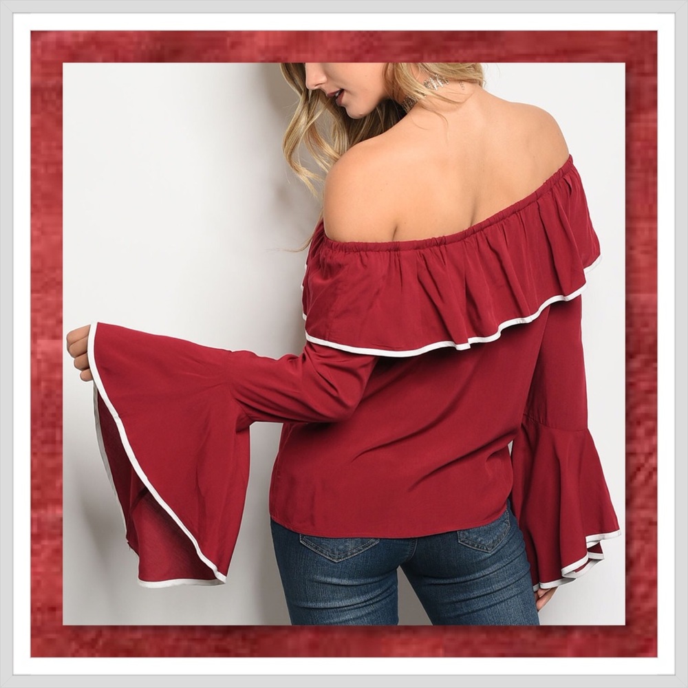 JUST IN🆕 Wine Embroidered Bell Sleeve Top - Picture 3 of 3