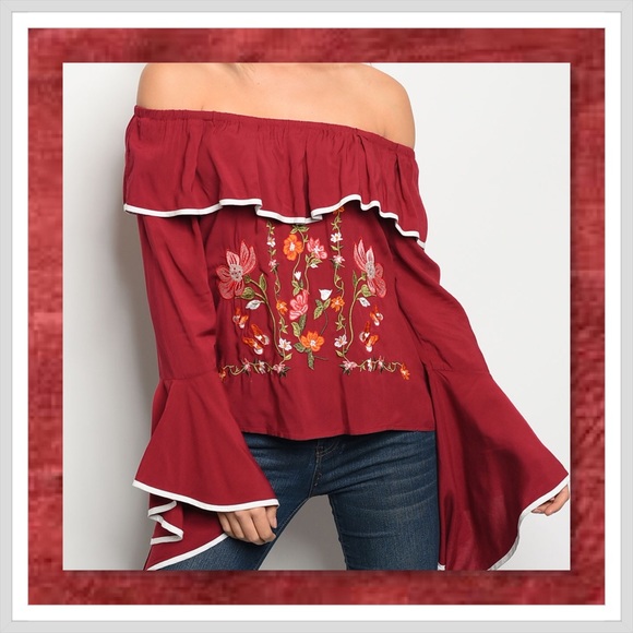JUST IN🆕 Wine Embroidered Bell Sleeve Top - Picture 2 of 3
