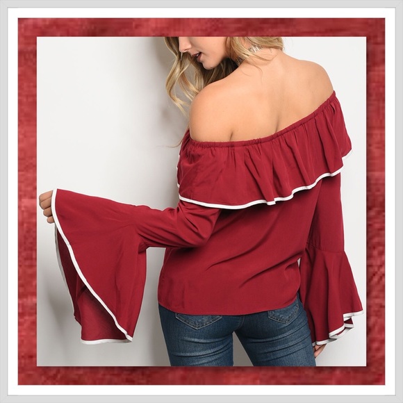 JUST IN🆕 Wine Embroidered Bell Sleeve Top - Picture 3 of 3