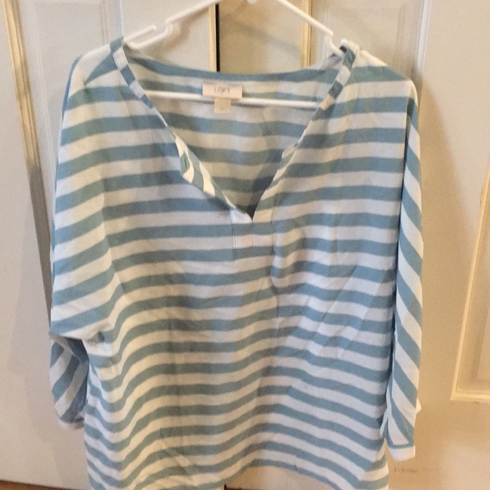 White and bluish-green striped 3/4 sleeve blouse