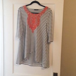 Embroidered 3/4-sleeve Striped Tunic