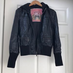 Black faux leather bomber jacket