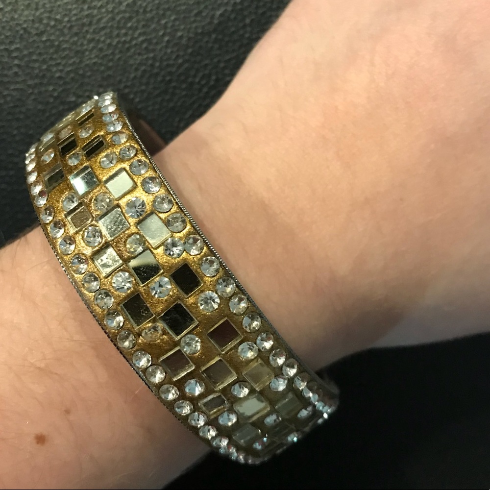 Gold mirror & crystal inlay bangle bracelet