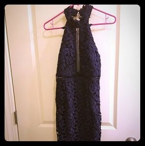 Navy blue lace Bardot halter dress