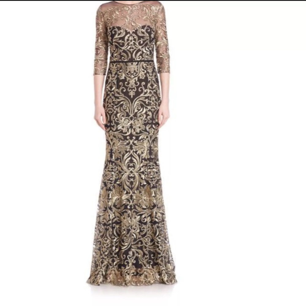 Marchesa Notte lace gold black gown sz 12