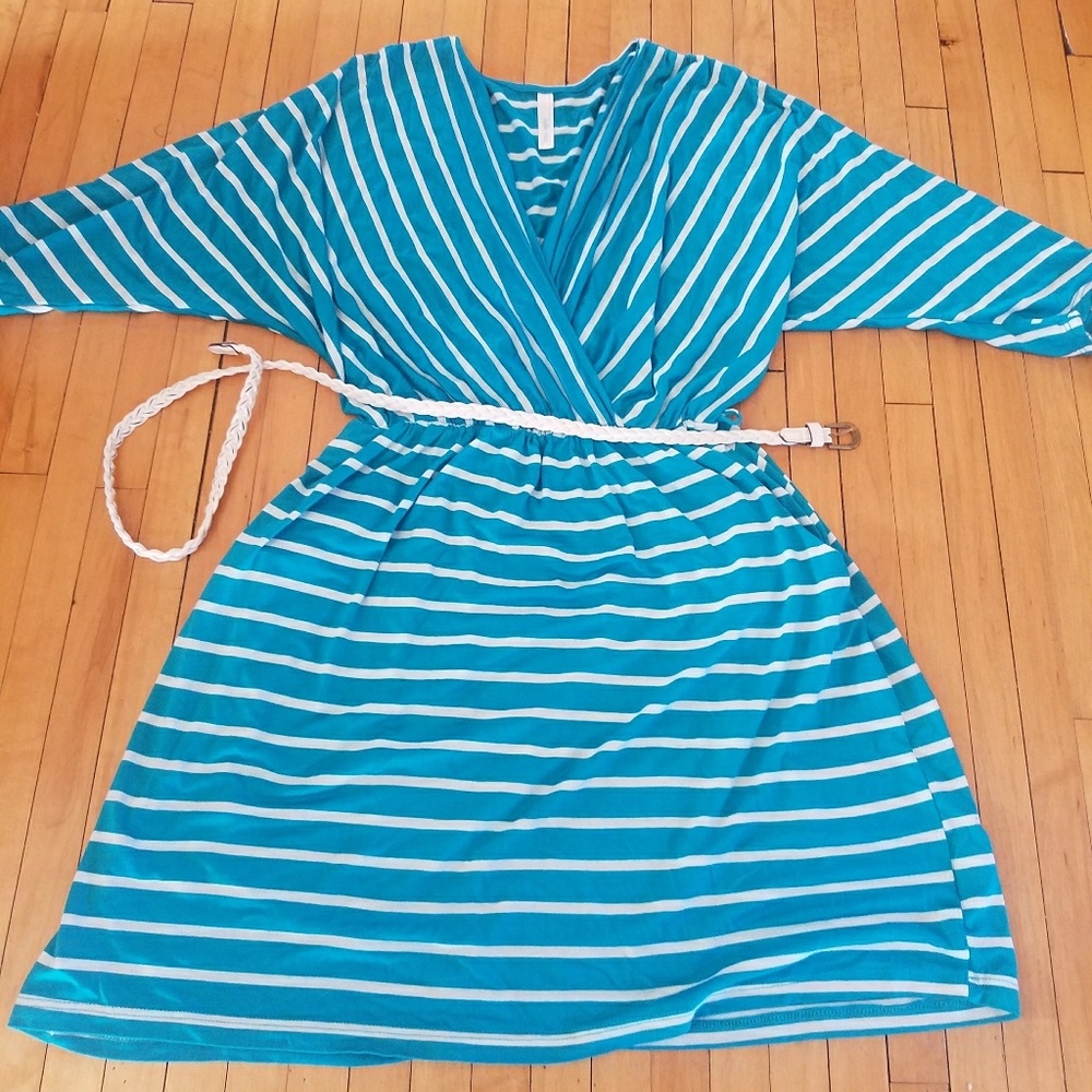 Turquoise and white striped dress,  size large