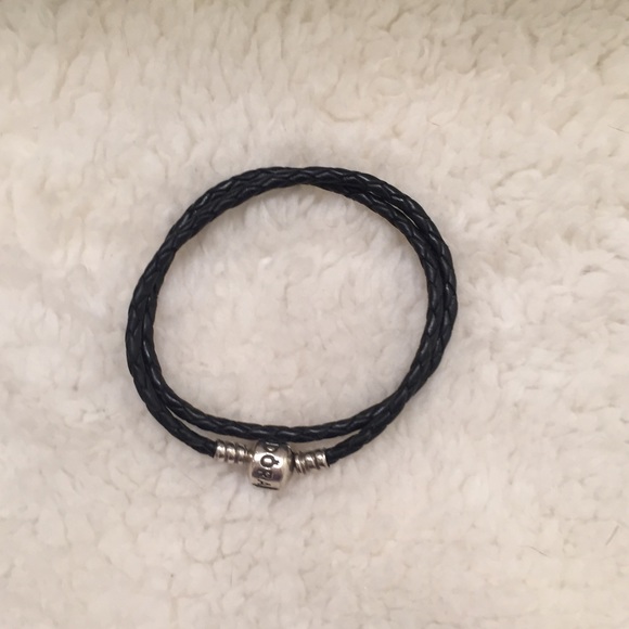 Pandora black leather double wrap charm bracelet - Picture 2 of 3
